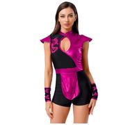 Kaerm Women's Japanese Ninja Costume Dragon Print Bodysuit with Arm Warmers for Halloween Cosplay Hot Pink XXL