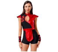Kaerm Women's Japanese Ninja Costume Dragon Print Bodysuit with Arm Warmers for Halloween Cosplay Red L