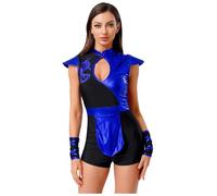 Kaerm Women's Japanese Ninja Costume Dragon Print Bodysuit with Arm Warmers for Halloween Cosplay Royal Blue XL