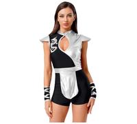 Kaerm Women's Japanese Ninja Costume Dragon Print Bodysuit with Arm Warmers for Halloween Cosplay Silver L