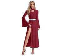 Kaerm Women's Medieval Queen Costume Front Lace-up Hollow Out Long Sleeve Dress for Theme Party Burgundy L