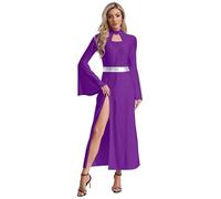Kaerm Women's Medieval Queen Costume Front Lace-up Hollow Out Long Sleeve Dress for Theme Party Purple M