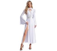 Kaerm Women's Medieval Queen Costume Front Lace-up Hollow Out Long Sleeve Dress for Theme Party White M