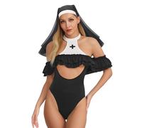 Kaerm Women's Naughty Nun Lingerie Costume Hollow Out Ruffled Bodysuit with Veil and Rabbit Tail Black L