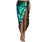 Kaerm Women's Sequin Hip Scarf Skirt Glitter Belly Dance Wrap Belt Skirt Rave Party Long Skirts Green S