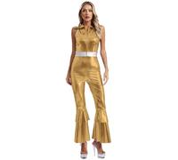 Kaerm Women's Shiny Metallic Disco Outfits Lapel Collar Sleeveless High Waist Bell Bottom Jumpsuit Gold L