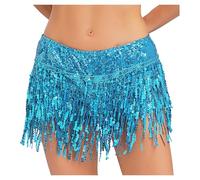 Kaerm Women's Shiny Sequin Fringe Mini Shorts Tassel Latin Dance Shorts Rave Party Hot Pants Blue XS