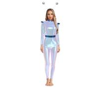 Kaerm Women's Space Alien Costume Astronaut Role Play One Piece Outfits Shiny Metallic Unitard Shiny Silver Set S