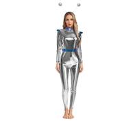 Kaerm Women's Space Alien Costume Astronaut Role Play One Piece Outfits Shiny Metallic Unitard Silver Set M