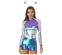 Kaerm Women's Space Alien Costume Contrast Color Metallic Long Sleeve Bodysuit for Space Theme Party Blue A XL