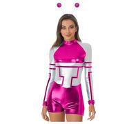 Kaerm Women's Space Alien Costume Contrast Color Metallic Long Sleeve Bodysuit for Space Theme Party Hot Pink A XL