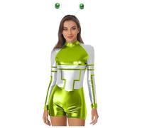 Kaerm Women's Space Alien Costume Contrast Color Metallic Long Sleeve Bodysuit for Space Theme Party Fluorescent Green A XL