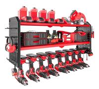 KAFAHOM Power Tool Organizer, Large 8 Drill Holder Wall Mount with 2 Side Pegboards, Heavy Duty Metal Tool Shelf with 12 Hooks, Storage Rack for Garage Organization, Utility Battery Shelves - Red