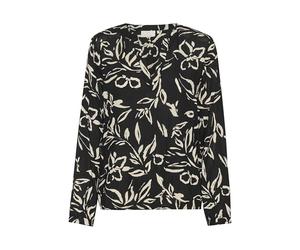 KAFFE Women's Blouse Loose Fit Long Sleeves V-Notch Neck Printed Top Elastic Hem, Black/Sand Painted Flower, 8 (XS)