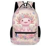 KAFFUL Cute Pink Axolotl Backpack for Girls, Waterproof School Bag with Reflective Strip & Side Pockets, 16.9 Inch, Axolotl-02, One Size, Animals