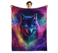 KAFFUL Galaxy Wolf Blanket, Rainbow Wolf in Galaxy, Soft Plush Throw, Novelty Gifts for Girls & Boys, Colorful Blue Purple Pink Starry Stars, 60"x50"