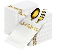 Kafoor 50-Pcs Disposable Pocket Napkins - Elegant White and Gold Napkins, Cloth-Like Linen Feel Dinner Napkins, Prefolded with Flatware Pocket. Ideal for Parties, Weddings, Dinners, and Events