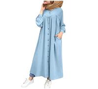 Kaftan Dresses for Women UK Cotton Linen Maxi Dress with Pocket Elegant Long Sleeve Button Down Shirt Dress Plain Casual Fall Tunic Dresses Baggy Boho Beach Dress Basic Office Work Dress Sky Blue