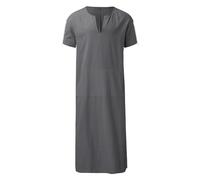 Kaftan for Men Loose Fit Muslim V-Neck Short Sleeve Cotton Robe Casual Lightweight Summer Sport Islam Thobe Breathable Hiking Big and Tall Sleep Caftans Dark Gray