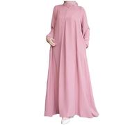Kaftan Maxi Dress for Women Solid Pleated Round Neck Long Sleeve Flowy Abaya Dress Modest Islamic Casual Robe Dubai Outfits Pink