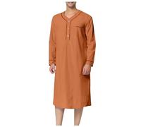 Kaftan Men's Muslim Robe Neck Long Sleeve Button High Thobe Sleepwear Nightdress Short Sleeve Button Down Sleep Shirt Men's Night Shirts Cotton Comfortable Pyjamas Soft Loose Sleep Shirt, O Orange, S
