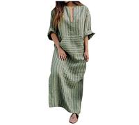 Kaftans Women Full Length Ladies Summer Dresses Ladies Evening Dresses Striped Print Maxi Dresses With Pockets Long Sleeve Cotton Linen Dresses Pleated Dresses Summer Dresses Women's Dresses
