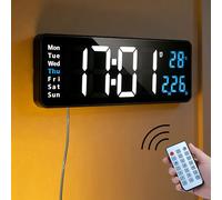 KAFUX 16" Large Digital Wall Clock, Blue Temperature Display, 10-Level Auto/Manual Dimming, 2 Alarms, Countdown/Countup Timer, Remote Control, 12/24H, LED Wall Clock for Living Room, Bedroom, Office