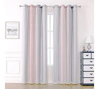 KAHEAUM Blackout Curtains for Living Room & Bedroom - 2 Panels, 52 x 54 inch Drop, White Voile Net & Thermal Curtains for Winter, Star Pink & Grey
