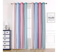 KAHEAUM Blackout Curtains for Living Room, Bedroom, Nursery - 2 Panel, 46 x 54 inch Drop, White Voile Net, Soundproof, Thermal, Eyelet Star, Pink, Grey, Rainbow