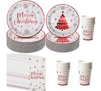 KAHEIGN 100Pcs Christmas Party Paper Tableware Set, 25 x 9 Inch Dinner Plates, 25 x 7 Inch Salad Plates, 25 x 270ml Cups, 25 x 16CM Napkins - for Holiday Christmas Party Decoration