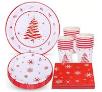 KAHEIGN 100Pcs Christmas Party Paper Tableware Set, 25 x 9 Inch Dinner Plates, 25 x 7 Inch Salad Plates, 25 x 270ml Cups, 25 x 16CM Napkins - for Holiday Christmas Party Decoration