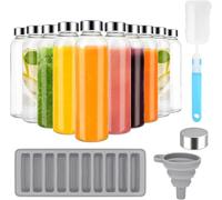 KAHEIGN 10Pcs Glass Bottles with Lids, 540ml /18oz Reusable Clear Water Bottle Leak Proof Juice Drinking Jar with Stainless Steel Airtight Lid, Cleaning Brush, Funnel, Ice Stick Tray