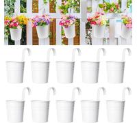 KAHEIGN 10Pcs Metal Hanging Flower Pots, 10CM White Plant Pots Hanging Flower Bucket with Detachable Hook for Railing Balcony Fence Garden Home Decor