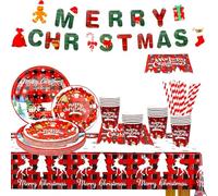 KAHEIGN 127Pcs Christmas Party Paper Tableware Set, 25 x Dinner Plates, 25 x Salad Plates, 25 x Cups, 25 x Napkins & Paper Straws, 1 x Table Cloth & Banner - for Holiday Christmas Party Decoration