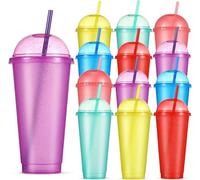 KAHEIGN 12Pcs 710ml Plastic Tumblers with Dome Lids and Straws, Colorful Gliter Water Cups Reusable Cute Kids Drinking Cup Bulk Travel Mugs Party Tumbler for Iced Drinking Coffee Water (6 Colors)