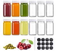 KAHEIGN 12Pcs Glass Shot Bottles with Lids, 60ml Small Clear Juice Shot Bottle Reusable Wide Mouth Leakproof Jar for Ginger, Wellness Shot, Juice, Sample, Whiskey - Dishwasher Safe (White)