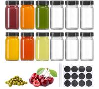 KAHEIGN 12Pcs Glass Shot Bottles with Lids, 60ml Small Clear Juice Shot Bottle Reusable Wide Mouth Leakproof Jar for Ginger, Wellness Shot, Juice, Sample, Whiskey - Dishwasher Safe (Black)