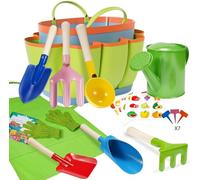 KAHEIGN 12Pcs Kids Gardening Tool Set, 20CM Metal Spoon Fork Trowel Rake Shovel Cylinder Scoop with Tote Bag Watering Can Gloves Apron Plant Tags Stickers for Outdoor Garden Yard Lawn Digging Playing