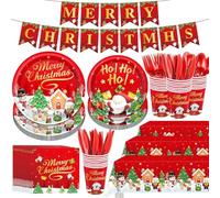 KAHEIGN 170Pcs Christmas Paper Party Tableware Set, 24 x Dinner Plates & Salad Plates, 24 x 270ml Cups, 24 x Napkins, 24 x Reusable Knife & Fork & Spoon, 1 x Table Cloth & Banner - for Xmas Party