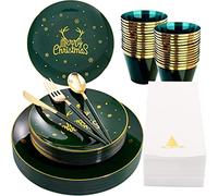 KAHEIGN 175Pcs Resuable Christmas Dinnerware Set, Gold Rimmed Green Plastic Dinnerware - 25 Dinner Plates, 25 Salad Plates, 25 Knives, 25 Forks, 25 Spoons, 25 Napkins for 25 Guests Christmas Party