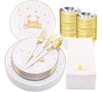 KAHEIGN 175Pcs Resuable Christmas Dinnerware Set, Gold Rimmed White Plastic Dinnerware - 25 Dinner Plates, 25 Salad Plates, 25 Knives, 25 Forks, 25 Spoons, 25 Napkins for 25 Guests Christmas Party