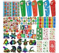 KAHEIGN 218Pcs Christmas School Stationery Set, 24Pcs Christmas Goodie Bags Rulers Pencils Erasers Sharpeners Slap Bracelets Scratch Art Paper Stickers Games Reward Party Favors
