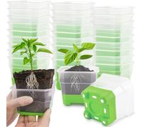 KAHEIGN 24Pcs Clear Nursery Pots with Silicone Base, 10CM Square Plastic Plant Pot Reusable Seedling Start Pots with Drain Holes for Flower Plant Seedlings Transplanting (Green)