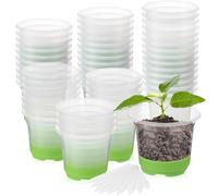 KAHEIGN 24Pcs Clear Plant Pots with Silicone Base, 10CM Round Plastic Nursery Pot Reusable Seedling Start Pots with Drain Holes and 20Pcs Plant Labels for Flower Plant Seedlings Transplanting (Green)