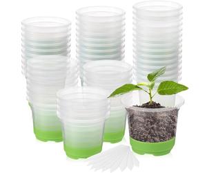 KAHEIGN 24Pcs Clear Plant Pots with Silicone Base, 10CM Round Plastic Nursery Pot Reusable Seedling Start Pots with Drain Holes and 20Pcs Plant Labels for Flower Plant Seedlings Transplanting (Green)