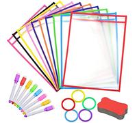 KAHEIGN 24Pcs Dry Erase Pockets Set, 36 x 26cm Reusable Write and Wipe Clean Pockets with Bone Shape Eraser, 8Pcs Erase pens, 5Pcs Keyring - for School Work Use Supplies (10 Colors)