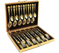 KAHEIGN 24Pcs Gold Silverware Set, Gold Forged Stainless Steel Flatware, 6 x Dinner Knife, 6 x Dinner Spoon, 6 x Dinner Fork, 6 x Teaspoon, Polished Tableware for Wedding Anniversary Christmas Party