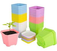 KAHEIGN 24Pcs Square Plant Pots, 7cm Thicken Plastic Flower Pots Succulent Planter Nursery Pots with Pallet/Trays for Small Potted Plants (6 Colors)