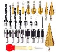 KAHEIGN 26Pcs Countersink Drill Bit Set, 8Pcs Wood Plug Cutter Drill Bits, 7Pcs Three Pointed Drill Bit, 6Pcs Countersink Drill Bit, 3Pcs Step Cone Drill Bit - for Door Window Cabine Drilling Holes
