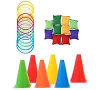 KAHEIGN 26Pcs Toss Game Set with Bean Bags Toss Ring Traffic Cone Markers for Outdoor Garden Carnival Game Party Supplies Agility Training Game [5 Colors]